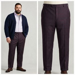 Sean John Windowpane Plaid Pleated Trousers Burgundy Blue Mens 46W 30L